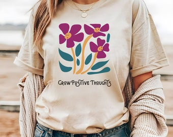 Positieve gedachten laten groeien, shirt positieve gedachten laten groeien, shirt positieve gedachten, shirt met retro bloemen, T-shirt bloemen, shirt positief dames,