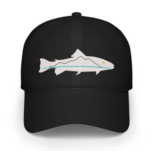 May include: Black baseball cap with a white silhouette of a trout with mountains and a blue river in the background.