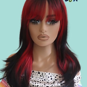 Bangs Vibrant Red to Black Ombré Long 24&quot; Straight High Temperature Synthetic Fiber High quality Wig