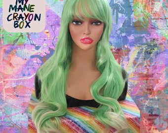 Neon Green Long Wavy Wig with Blonde Highlights and Bangs – 26 Inches of Bold Style!