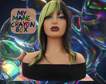 Layered Neon Green and Black Wig with Bangs - Edgy Synthetic 18-Inch Wig
