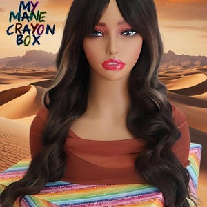 Natural Dark Brown Wavy Wig with Blonde Highlights and Soft Light Bangs