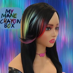 Puede incluir: Una peluca negra con mechones de colores, incluyendo verde, amarillo, azul, rosa y rojo. La peluca está peinada con raya lateral y cabello largo y liso. La peluca está en una cabeza de maniquí con un collar de corazón rosa.