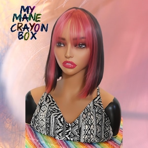 Pink Fringe Lightweight Bob Wig – 12-Inch Straight Brown Wig with Dark Pink Fringe & Face-Framing Highlights | Everyday Glueless Wig"