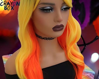 Candy Corn Wavy Wig with Orange, Yellow & Dark Roots + Bangs