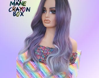 Purple ombre to Gray 26 inch Long Wavy Wig with Dark Roots - Side Part, Stunning and Sophisticated