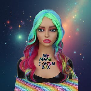 May include: A mannequin head with a colorful wig. The wig features shades of blue, green, and pink. The text "MY MANE CRAYON BOX" is on the mannequin's chest. The background is a galaxy of stars and colors.