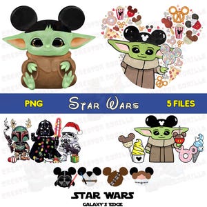 May include: A digital download of five Star Wars themed images featuring Baby Yoda wearing Mickey Mouse ears. The images include Baby Yoda wearing Mickey Mouse ears with a brown outfit, Baby Yoda wearing Mickey Mouse ears with a brown outfit and a lollipop, Baby Yoda wearing Mickey Mouse ears with a brown outfit and a drink, a group of Star Wars characters wearing Christmas outfits, and a group of Star Wars characters wearing Mickey Mouse ears. The images are perfect for creating crafts, scrapbooking, or other creative projects.