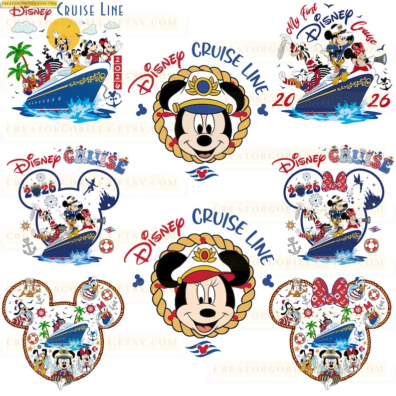 May include: A collection of Disney Cruise Line designs featuring Mickey and Minnie Mouse, Goofy, and Donald Duck. The designs include cruise ships, nautical elements, and the text "Disney Cruise Line" and "2026".