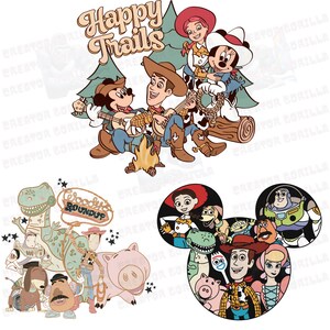 May include: A digital illustration of a Mickey Mouse ear silhouette with a group of Toy Story characters inside. The characters include Woody, Buzz Lightyear, Jessie, Rex, Hamm, Slinky Dog, and Bo Peep. The characters are all smiling and looking at the viewer. The background is a white background.