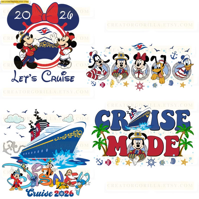 May include: A collection of colorful Disney cruise-themed graphics. Mickey and Minnie Mouse are featured in sailor outfits, along with other Disney characters. The designs include cruise ships, anchors, and the text "Let's Cruise" and "Cruise Mode".