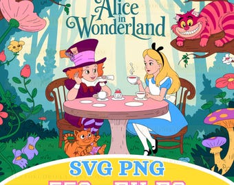 May include: An illustration featuring characters from "Alice in Wonderland." The Mad Hatter and Alice are seated at a table, with the Cheshire Cat in a tree. The image includes the text "Alice in Wonderland" and "SVG PNG 550+ FILES."