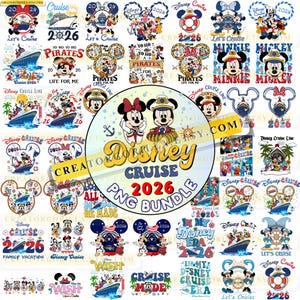 May include: A collection of Disney Cruise 2026 PNG graphics. The designs feature Mickey and Minnie Mouse, cruise ships, and nautical elements. Text includes "Disney Cruise 2026 PNG Bundle", "Let's Cruise", and "Pirates Life for Me".