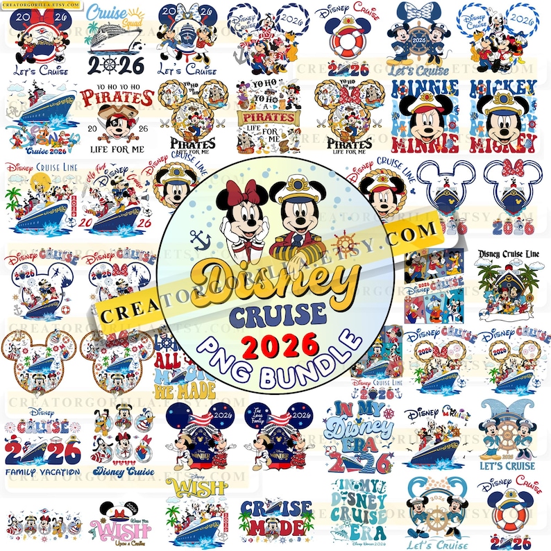 May include: A collection of Disney Cruise 2026 PNG graphics. The designs feature Mickey and Minnie Mouse, cruise ships, and nautical elements. Text includes "Disney Cruise 2026 PNG Bundle", "Let's Cruise", and "Pirates Life for Me".