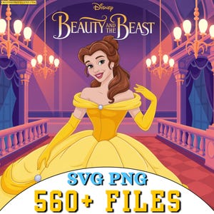 Puede incluir: Ilustración de Bella de La Bella y la Bestia de Disney. Bella lleva un vestido y guantes amarillos. La imagen incluye el texto "SVG PNG 560+ FILES" en una combinación de colores amarillo y azul. El fondo es un interior morado y rosa.