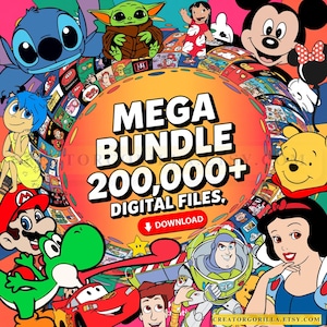 May include: A vibrant digital art graphic featuring a variety of cartoon characters, including Mickey Mouse, Stitch, and Baby Yoda. The central text reads "MEGA BUNDLE 200,000+ DIGITAL FILES." A download button is also visible.