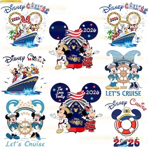 May include: A collection of Disney Cruise designs featuring Mickey and Minnie Mouse. Designs include cruise ships, nautical elements, and the text "Disney Cruise" and "2026". The color palette includes blue, red, and white.