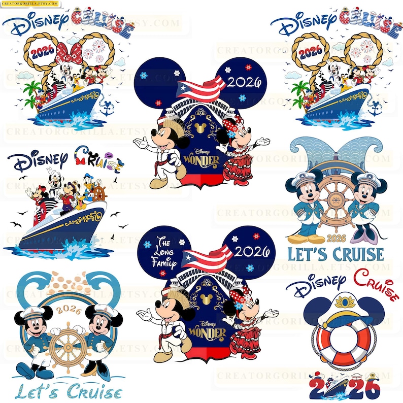 May include: A collection of Disney Cruise designs featuring Mickey and Minnie Mouse. Designs include cruise ships, nautical elements, and the text "Disney Cruise" and "2026". The color palette includes blue, red, and white.