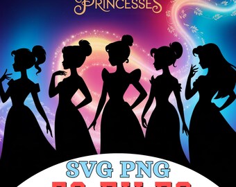 Princess Silhouettes SVG PNG Bundle, 72 Royal Clipart Files (Digital Download)