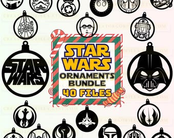 Könnte beinhalten: Eine Sammlung schwarzer Star Wars-Weihnachtsbaumschmuck. Die Ornamente zeigen verschiedene Charaktere und Symbole aus dem Star Wars-Franchise, darunter Darth Vader, Yoda und das Star Wars-Logo. Das Bild enthält auch den Text "STAR WARS ORNAMENTS BUNDLE 40 FILES."