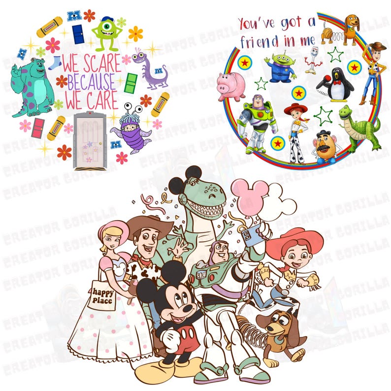 May include: A colourful illustration featuring characters from the Toy Story and Monsters Inc. films. The characters are arranged in a circular pattern with the text "You've got a friend in me" at the top. The illustration is perfect for a child's room or a fan of these popular films.