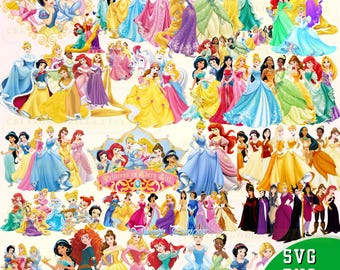 All Princesses Svg Png Bundle 70 Files, Cartoon Princess Silhouettes, Magical Royal Characters, DIGITAL DOWNLOAD