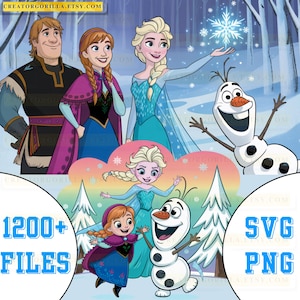 May include: A digital illustration featuring characters from a popular animated film. The image includes a blonde woman in a blue dress, a snowman, and two other characters. Text on the image reads "1200+ FILES" and "SVG PNG".