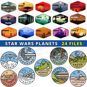 May include: A set of 24 Star Wars planet icons. Each icon features a circular design with a black outline and a colorful illustration of a planet from the Star Wars universe. The icons include Bespin, Coruscant, Dagobah, Endor, Geonosis, Hoth, Kashyyyk, Naboo, and Tatooine.