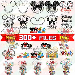 May include: A collection of Disney-themed SVG and PNG files. The designs include Mickey Mouse ears, bows, and various graphics with the text "Disney 2026", "Disney Family Vacation 2026", and "Disney Trip 2026". The image also includes the text "300+ FILES".