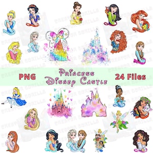 Cute Princess and Cartoon Castle Png Bundle 24 pliki, Frozen Princess Png, Magic Kingdom Png, The Little Mermaid Png, Alicja w Krainie Czarów Png