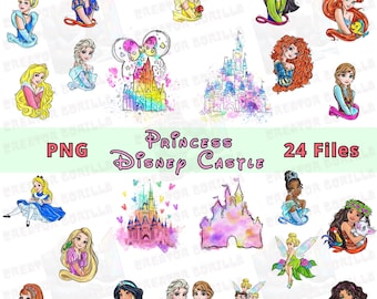 May include: A set of 24 digital illustrations featuring Disney princesses and castles. The images are in a watercolour style with soft colours and a whimsical feel. The princesses include Snow White, Belle, Ariel, Cinderella, Rapunzel, Mulan, Tiana, Pocahontas, Jasmine, Aurora, and more. The castles include Cinderella's Castle, Sleeping Beauty's Castle, and more.