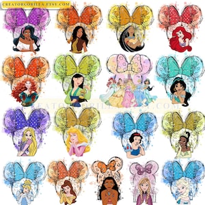 May include: A collection of colorful watercolor-style illustrations featuring Disney princesses. Each design showcases a princess within a Mickey Mouse ear silhouette, with a polka-dot bow. The princesses include Jasmine, Ariel, and Snow White.