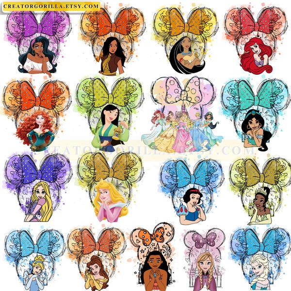 May include: A collection of colorful watercolor-style illustrations featuring Disney princesses. Each design showcases a princess within a Mickey Mouse ear silhouette, with a polka-dot bow. The princesses include Jasmine, Ariel, and Snow White.