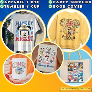 May include: An assortment of Disney-themed products, including a white t-shirt with a Mickey Mouse graphic, a yellow sweatshirt, a white mug, a book cover, and a tote bag. The products feature various Disney characters and the text "Disney Cruise".
