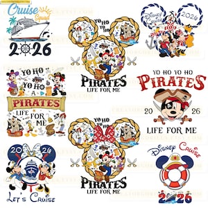 May include: Collection of Disney-themed designs featuring Mickey Mouse as a pirate, cruise ship graphics, and the text "Pirates Life for Me" and "Let's Cruise". Designs include anchors, swords, and the year 2026.