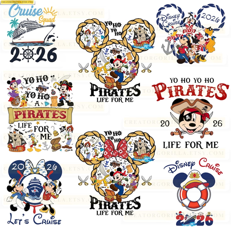 May include: Collection of Disney-themed designs featuring Mickey Mouse as a pirate, cruise ship graphics, and the text "Pirates Life for Me" and "Let's Cruise". Designs include anchors, swords, and the year 2026.