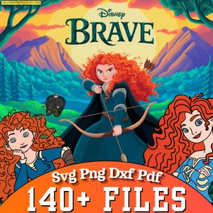 Op de afbeelding: Digitale illustratie van de Disney-film "Brave". De afbeelding toont Merida met pijl en boog. De achtergrond bevat bergen en bomen. De tekst "Brave" en "140+ FILES" is ook aanwezig.