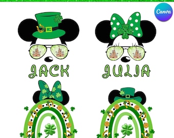 St Patricks Day Mickey Minnie Canva-mall, Canva-redigerbar Shamrock-festinbjudan, anpassad textmus, digital nedladdning