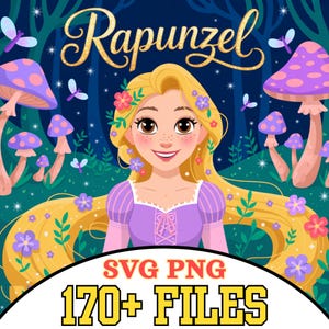May include: A digital illustration featuring Rapunzel with long blonde hair adorned with flowers. The image includes purple mushrooms, butterflies, and the text "Rapunzel" in gold script. The bottom of the image has the text "SVG PNG 170+ FILES".