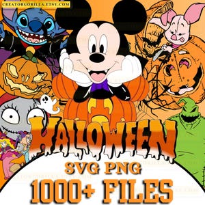 May include: A vibrant Halloween-themed digital graphic featuring Mickey Mouse, Stitch, and other characters. The word "HALLOWEEN" is prominently displayed, along with "SVG PNG 1000+ FILES" in orange and white. The background is orange.