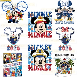May include: A collection of Disney Cruise Line themed graphics. Mickey and Minnie Mouse are featured in sailor outfits and cruise ship designs. The text includes "Disney Cruise", "2026", and "Let's Cruise". The color palette includes red, blue, and white.