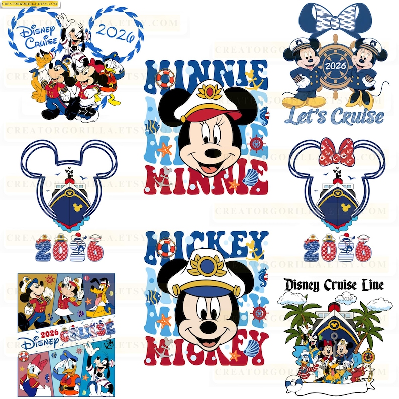May include: A collection of Disney Cruise Line themed graphics. Mickey and Minnie Mouse are featured in sailor outfits and cruise ship designs. The text includes "Disney Cruise", "2026", and "Let's Cruise". The color palette includes red, blue, and white.