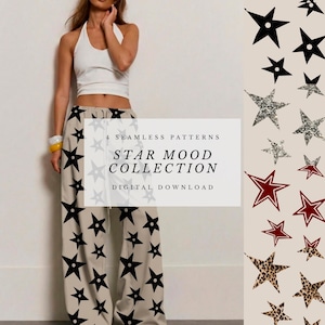 Może przedstawiać: Kobieta w białym topie i beżowych spodniach z czarnym wzorem w gwiazdy. Obraz zawiera tekst "4 Seamless Patterns, Star Mood Collection, Digital Download."
