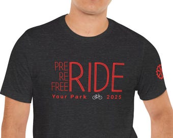 CUSTOMIZABLE! Your Park Mountain Bike Ride Red Text & Crank on Sleeve | Unisex Jersey Short Sleeve Tee Shirt, Cycling Gift