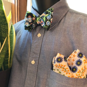 Black and Blue Floral Self-Tie Bow Tie and White Floral Pocket Square