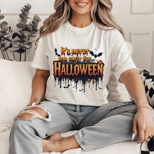 It&#39;s Never Too Early for Halloween Shirt, Retro Skeleton Pumpkin Tee, Spooky Cute Cat Shirt, Funny Fall Aesthetic Gift for Halloween Fans