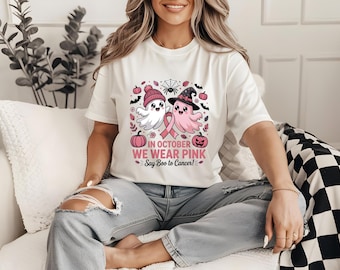 In October We Wear Pink Say Boo to Cancer SVG, Cute Breast Cancer Awareness Ghost PNG, Pink Ribbon Halloween JPEG for Spooky Season Fun