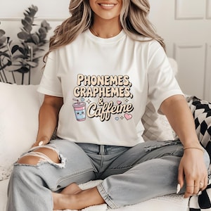 Phonemes Graphemes & Caffeine Shirt, Funny Literacy Teacher Shirt with White Text Print, Reading Tutor Tee, Back to School Coffee Shirt Gift