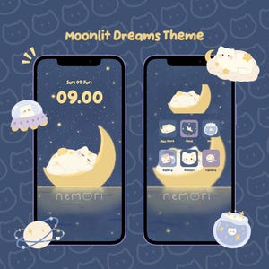 May include: Two smartphones displaying a Moonlit Dreams Theme with a dark blue night sky background featuring a sleeping white cat on a yellow crescent moon, stars, and custom app icons. The interface includes text such as Sun 09 Jun, 09.00, and nemori.