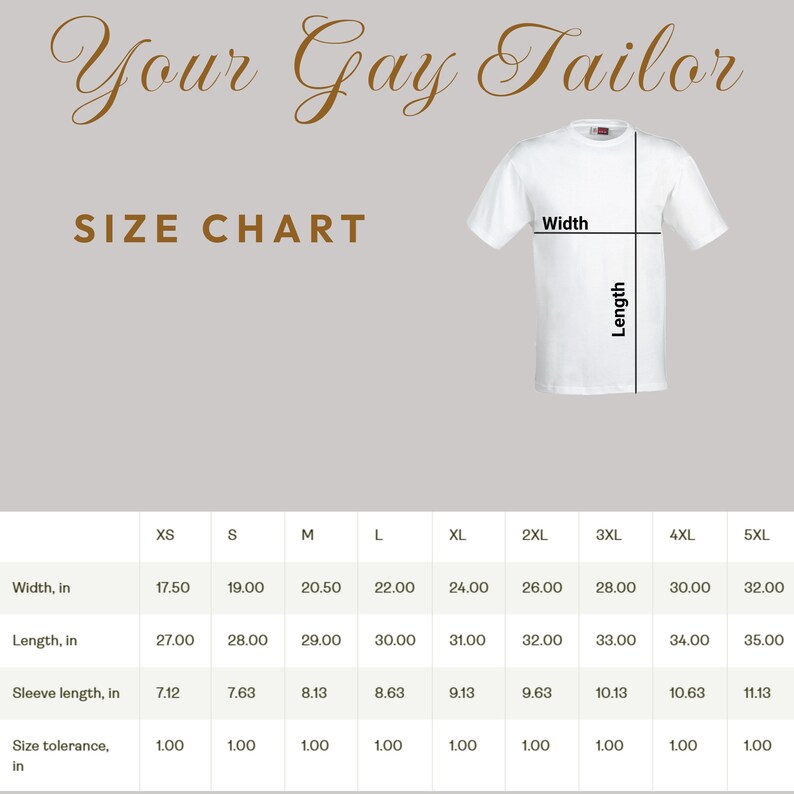 May include: Size chart for t-shirts in sizes XS to 5XL. The chart shows measurements in inches for width, length, and sleeve length. It also includes a size tolerance of 1 inch.